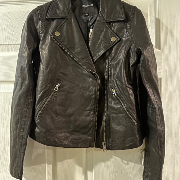 Madewell Women Black Washed Leather Motorcycle Jacket Brass hardware (S) NC112 - Picture 3 of 4